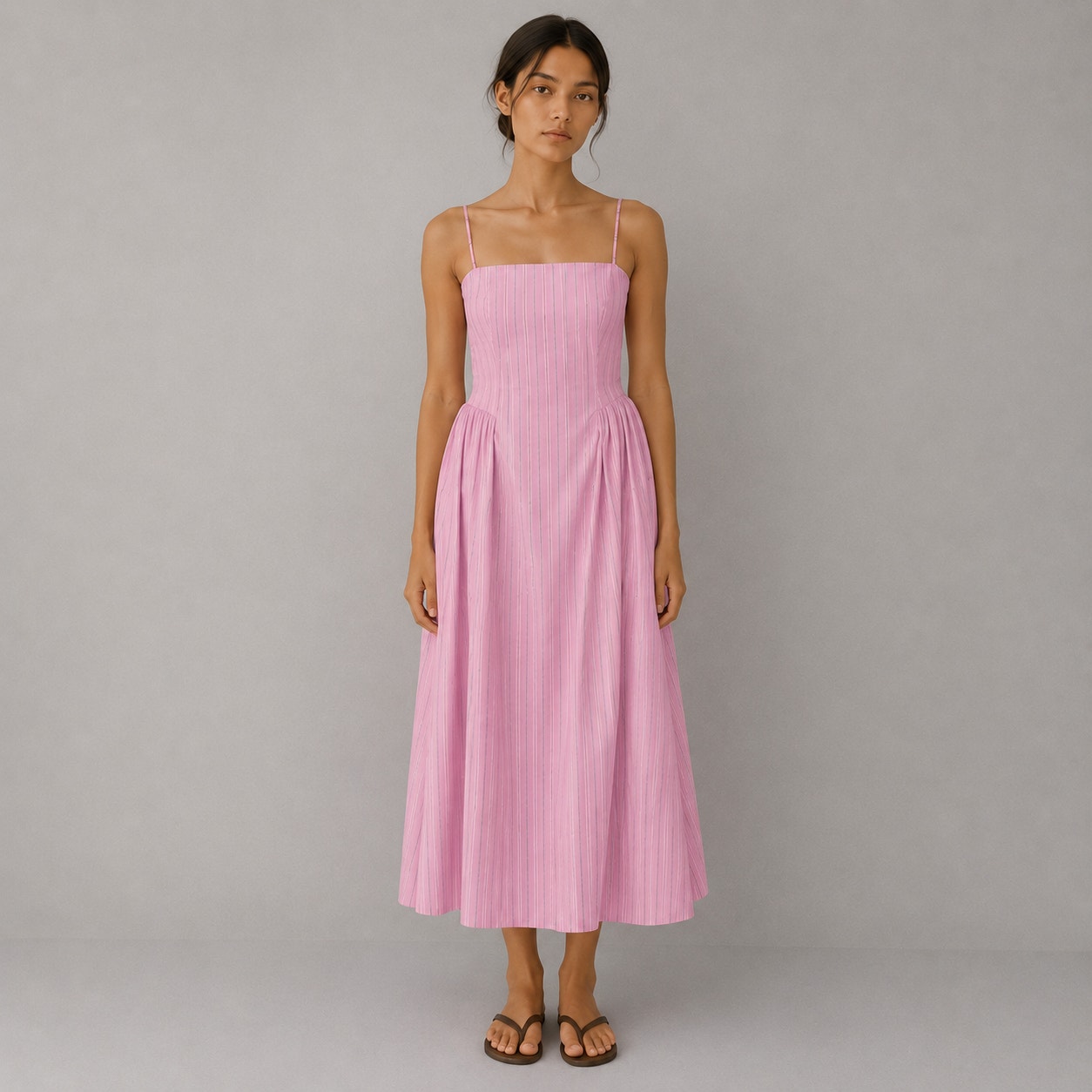 Maeve Sleeveless Fitted A-Line Midi Dress Womens M Pink Striped Pleated Detail